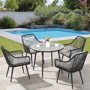devoko 5 piece rope outdoor space saving dining set with water resistant cushions amp table for indoor poolside lawn backyard garden terrace balcony black amp grey table without glass top