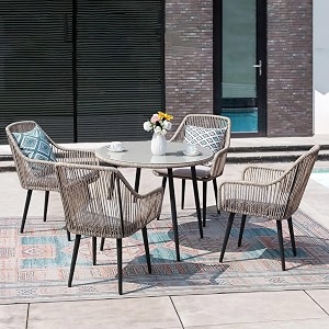devoko 5 piece rope outdoor space saving dining set with water resistant cushions amp table for indoor poolside lawn backyard garden terrace balcony beige amp grey table without glass