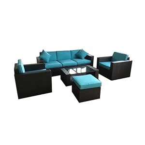 devoko 5 pieces outdoor conversation set patio furniture manual weaving wicker outside sectional sofa hdpe rattan couch with ottoman and table black and sky-blue