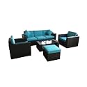 DEVOKO 5 Pieces Outdoor Conversation Set Patio Furniture Manual Weaving Wicker Outside Sectional Sofa HDPE Rattan Couch with Ottoman and Table (Black and Sky-Blue)