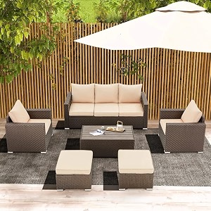 devoko 6 piece patio dining table with otomans outdoor furniture sofa hdpe rattan wicker conversation set for garden balcony poolside dark brown and cream