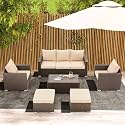 DEVOKO 6 Piece Patio Dining Table with Otomans Outdoor Furniture Sofa HDPE Rattan Wicker Conversation Set for Garden, Balcony, Poolside (Dark Brown and Cream)