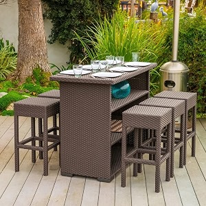 devoko 7 pcs patio wicker bar table set with stools all-weather hdpe rattan amp strong rust proof metal frame for garden balcony terrace patiocoffee brown