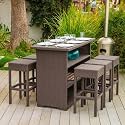 DEVOKO 7 Pcs Patio Wicker Bar Table Set with Stools All-Weather HDPE Rattan &amp; Strong Rust Proof Metal Frame for Garden, Balcony, Terrace, Patio(Coffee Brown)