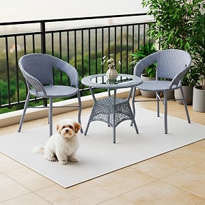 devoko aria outdoor 3 piece all weather wicker patio rattan chair and table bistro set with powder coated iron frame for balcony garden poolside deck silver grey