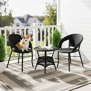 devoko aria outdoor 3 piece all weather wicker patio rattan chair and table set with powder coated iron frame for balcony garden poolside deck black