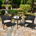 DEVOKO Outdoor 3 Piece Patio Handwoven Wicker Bistro Chair &amp; Coffee Table Set with Cushion for Garden, Pool, Balcony, Porch (Black &amp; Cream)