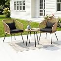 DEVOKO Outdoor All Weather Resistant Rattan Wicker 3-Piece Patio Set With Cushions &amp; Glass Top Table For Garden, Balcony, Poolside, Lawn (Beige &amp; Black), 57.2 Centimeters, 21 Inch, 81.3 CM