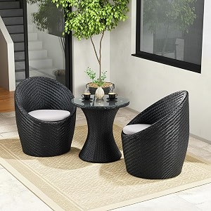 devoko liora outdoor 3 piece wicker all weather patio furniture mudda table set with comfortable seat cushions for garden balcony terraceporchdeckblack and offwhite