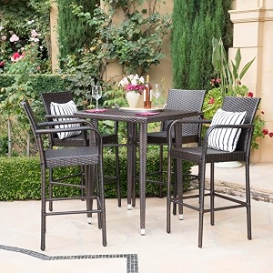 devoko outdoor patio counter height dining bar set with wicker bistro table 4 bar stools ideal for backyard porch poolside garden dark brown