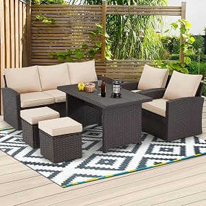 devoko outdoor patio sectional sofa couch hdpe wicker furniture conversation sets and ottomans with washable cushions amp center table for garden poolside dark brown and cream