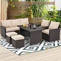 DEVOKO Outdoor Patio Sectional Sofa Couch, HDPE Wicker Furniture Conversation Sets and Ottomans with Washable Cushions &amp; Center Table for Garden, Poolside (Dark Brown and Cream)