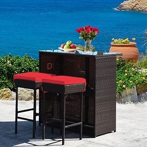 devoko patio bar set 3 piece outdoor rattan wicker bar set with 2 cushions stools amp glass top table outdoor furniture set for patios backyards porches gardens poolside dark brown amp red