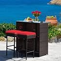 DEVOKO Patio Bar Set, 3 Piece Outdoor Rattan Wicker Bar Set with 2 Cushions Stools & Glass Top Table, Outdoor Furniture Set for Patios, Backyards, Porches, Gardens, Poolside (Dark Brown & Red)