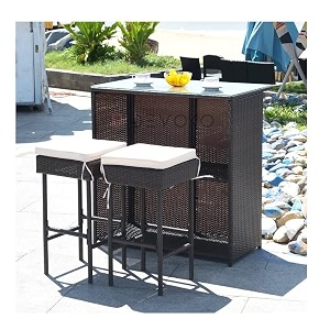 devoko patio bar set 3pcs outdoor rattan wicker patio furniture with 2 cushions stools amp glass top table for backyards porches garden dark brown amp cream