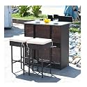 DEVOKO Patio Bar Set 3pcs, Outdoor Rattan Wicker Patio Furniture with 2 Cushions Stools & Glass Top Table for Backyards, Porches, Garden (Dark Brown & Cream)