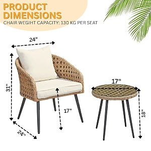 devoko patio furniture set 3 pieces porch backyard garden outdoor furniture rattan chairs with cushions and table wicker conversation set beige and off white 20 x 24 x 28inch