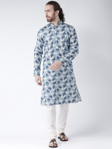 deyann printed cotton linen straight kurta for men blue