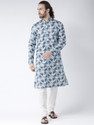 DEYANN Printed Cotton Linen Straight Kurta for Men (Blue)
