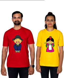 dhagla pack of 2 couple graphic print round neck pure cotton multicolor t-shirt