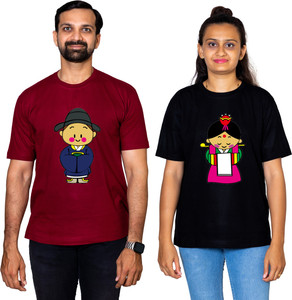 dhagla pack of 2 couple graphic print round neck pure cotton multicolor t-shirt