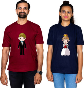 dhagla pack of 2 couple graphic print round neck pure cotton multicolor t-shirt
