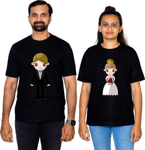 dhagla pack of 2 couple graphic print round neck pure cotton multicolor t-shirt