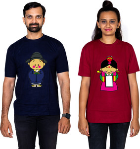 dhagla pack of 2 couple graphic print round neck pure cotton multicolor t-shirt