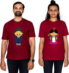 dhagla pack of 2 couple graphic print round neck pure cotton multicolor t-shirt