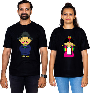 dhagla pack of 2 couple graphic print round neck pure cotton multicolor t-shirt