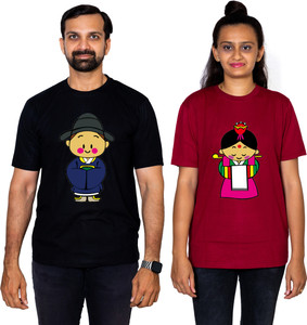 dhagla pack of 2 couple graphic print round neck pure cotton multicolor t-shirt