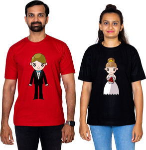 dhagla pack of 2 couple graphic print round neck pure cotton multicolor t-shirt