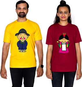 dhagla pack of 2 couple graphic print round neck pure cotton multicolor t-shirt