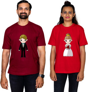 dhagla pack of 2 couple graphic print round neck pure cotton red maroon t-shirt