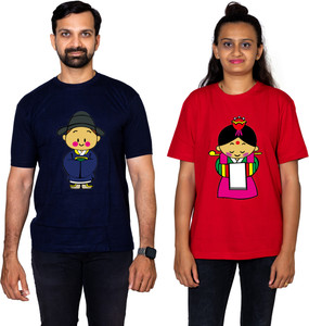 dhagla pack of 2 couple graphic print round neck pure cotton multicolor t-shirt