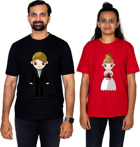 dhagla pack of 2 couple graphic print round neck pure cotton multicolor t-shirt