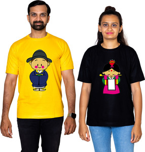 dhagla pack of 2 couple graphic print round neck pure cotton multicolor t-shirt