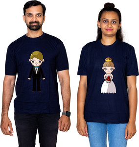 dhagla pack of 2 couple graphic print round neck pure cotton multicolor t-shirt