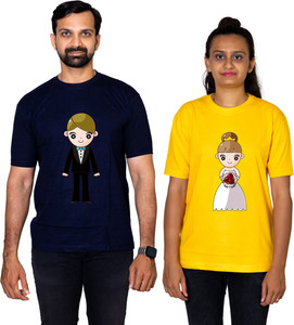 dhagla pack of 2 couple graphic print round neck pure cotton multicolor t-shirt