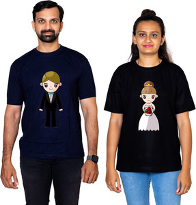 dhagla pack of 2 couple graphic print round neck pure cotton multicolor t-shirt