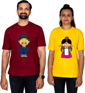 dhagla pack of 2 couple graphic print round neck pure cotton multicolor t-shirt