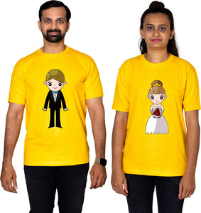 dhagla pack of 2 couple graphic print round neck pure cotton yellow t-shirt