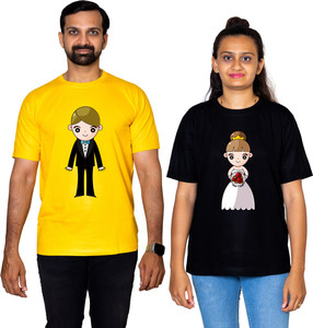 dhagla pack of 2 couple graphic print round neck pure cotton multicolor t-shirt