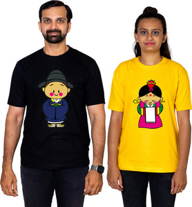 dhagla pack of 2 couple graphic print round neck pure cotton multicolor t-shirt