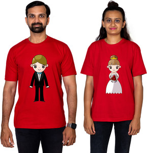 dhagla pack of 2 couple graphic print round neck pure cotton multicolor t-shirt