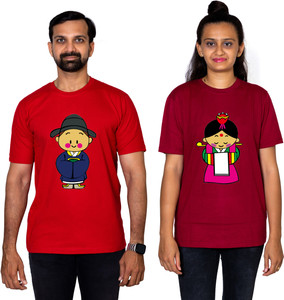dhagla pack of 2 couple graphic print round neck pure cotton multicolor t-shirt
