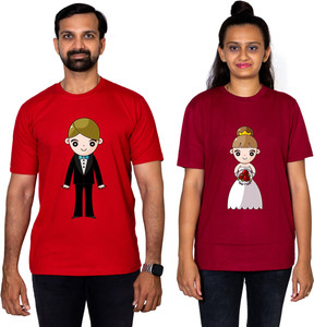 dhagla pack of 2 couple graphic print round neck pure cotton multicolor t-shirt