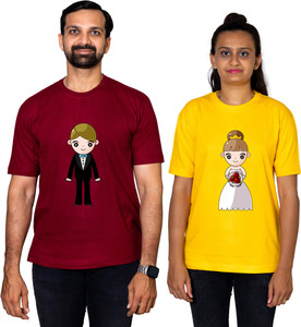 dhagla pack of 2 couple graphic print round neck pure cotton multicolor t-shirt