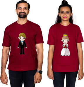 dhagla pack of 2 couple graphic print round neck pure cotton multicolor t-shirt