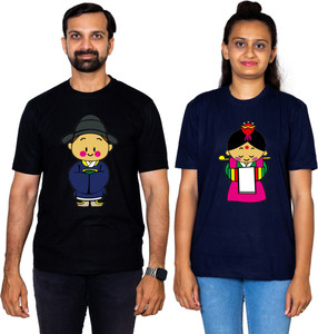dhagla pack of 2 couple graphic print round neck pure cotton multicolor t-shirt
